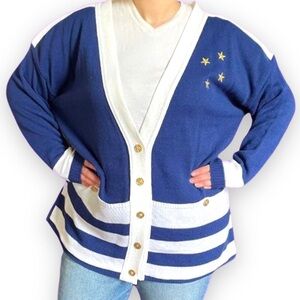 Vintage 80s Firman Knitwear Blue White Cardigan Nautical Sweater Plus Size 2X